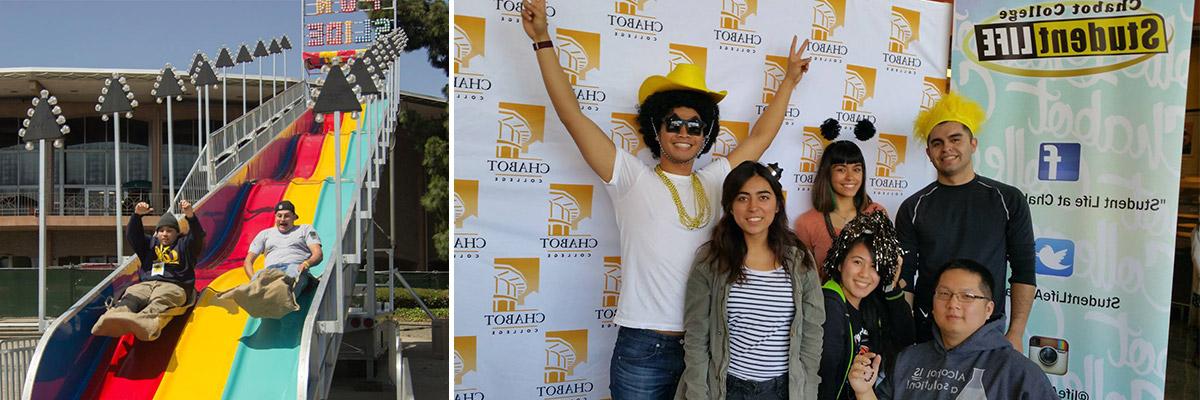 Students posing in front of Chabot College banners and students sliding down a giant slide.